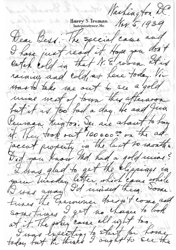 Letter from Harry S. Truman to Bess W. Truman