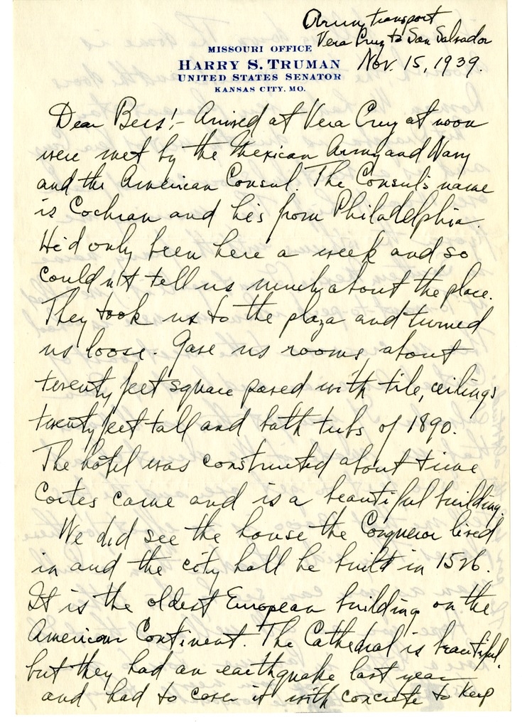 Letter from Harry S. Truman to Bess W. Truman