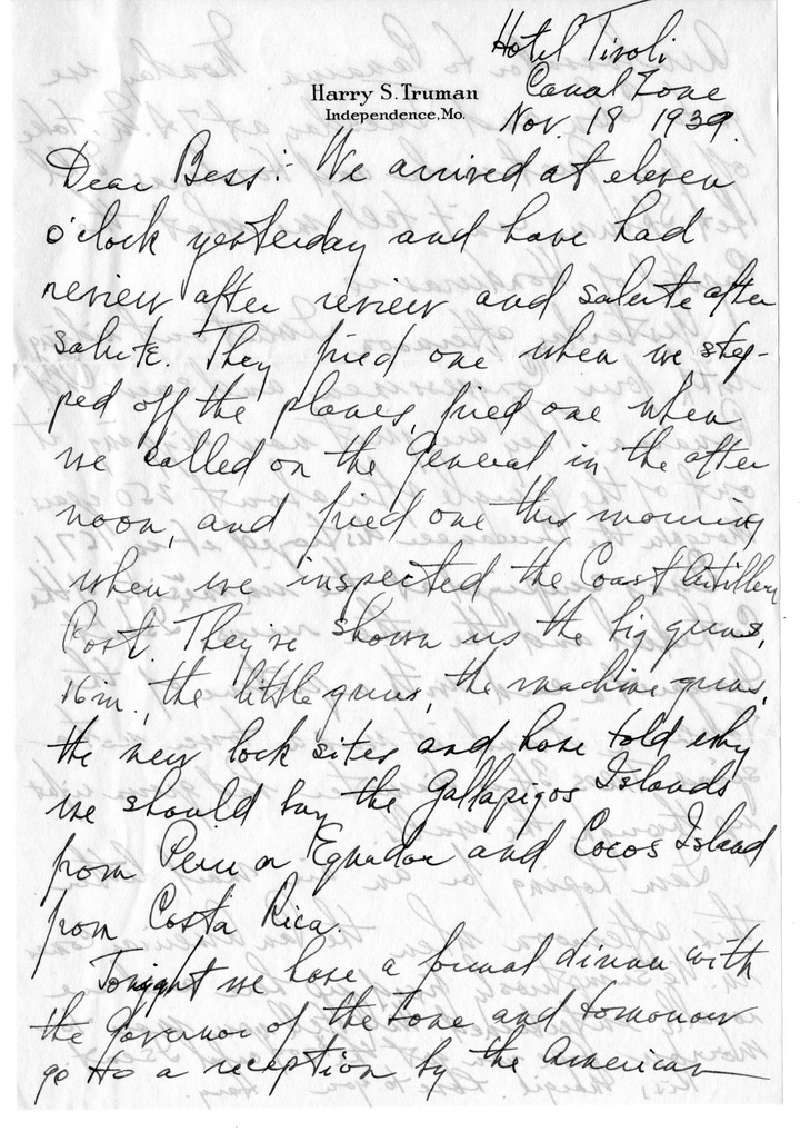 Letter from Harry S. Truman to Bess W. Truman