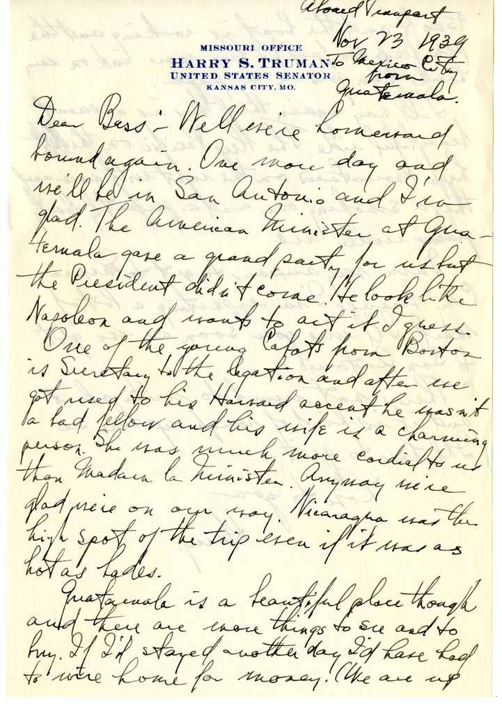 Letter from Harry S. Truman to Bess W. Truman