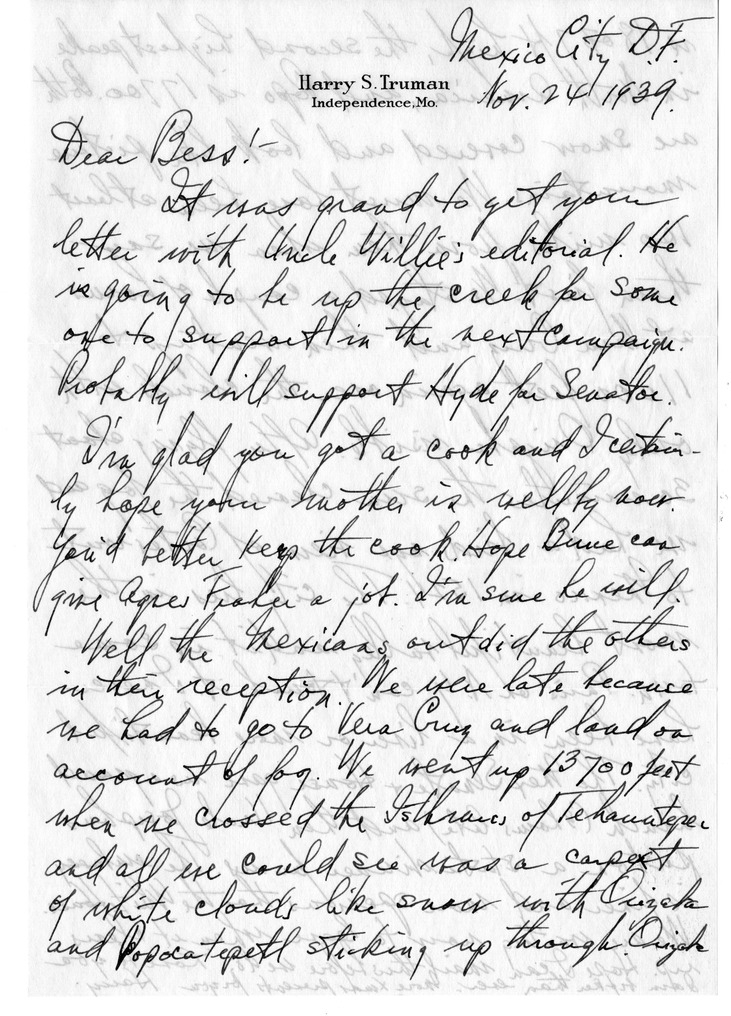 Letter from Harry S. Truman to Bess W. Truman