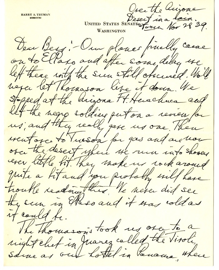 Letter from Harry S. Truman to Bess W. Truman