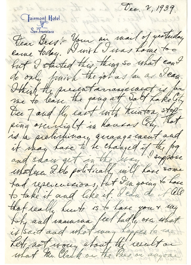 Letter from Harry S. Truman to Bess W. Truman