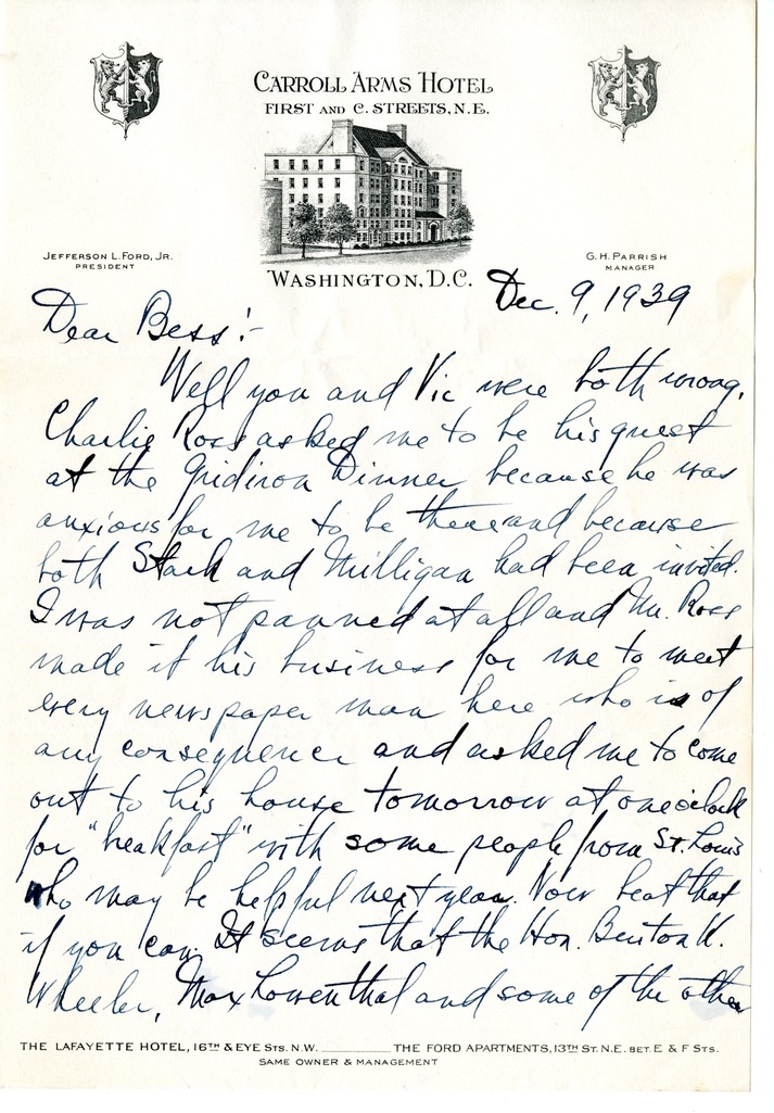 Letter from Harry S. Truman to Bess W. Truman