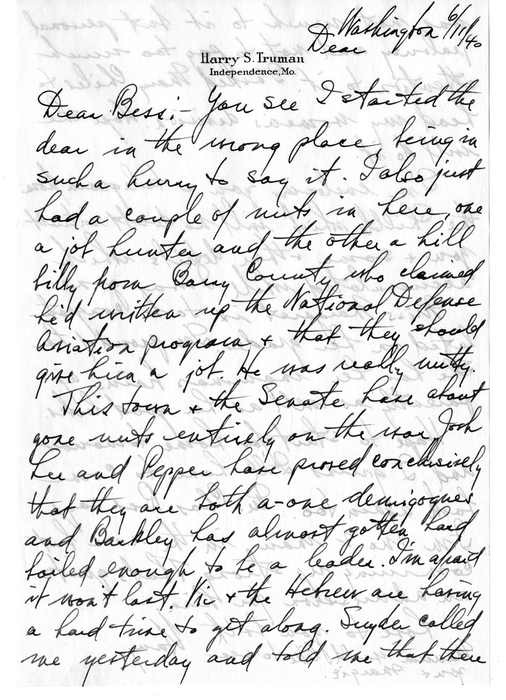 Letter from Harry S. Truman to Bess W. Truman