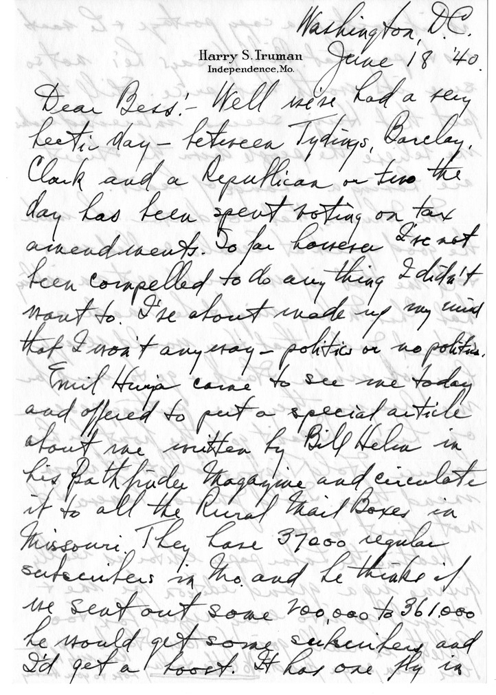 Letter from Harry S. Truman to Bess W. Truman