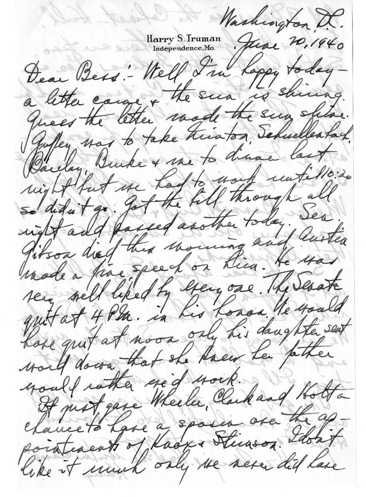 Letter from Harry S. Truman to Bess W. Truman