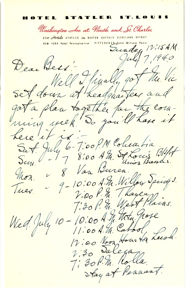 Letter from Harry S. Truman to Bess W. Truman