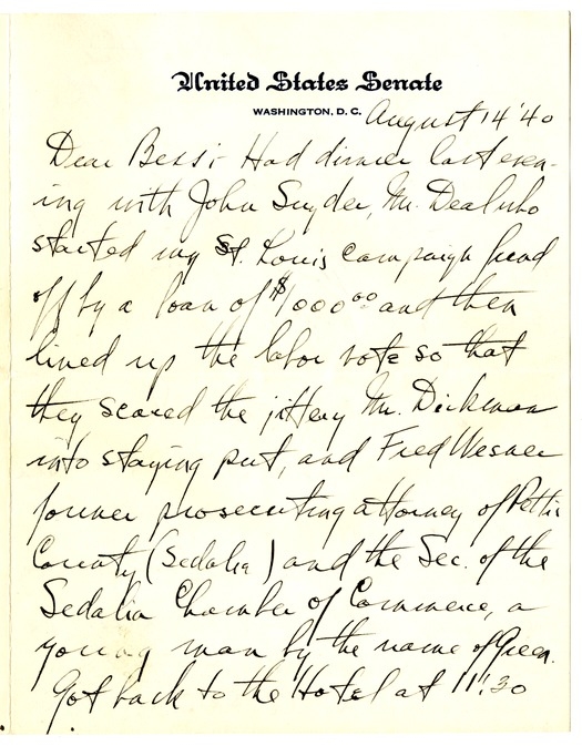 Letter from Harry S. Truman to Bess W. Truman