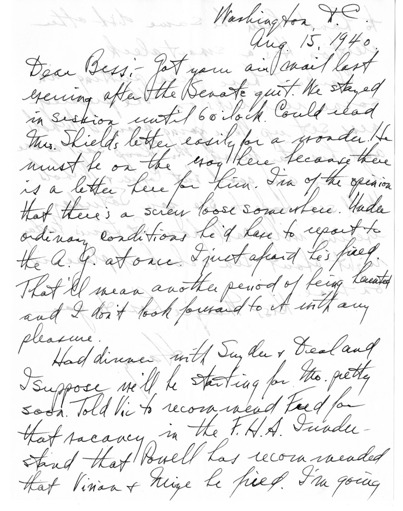 Letter from Harry S. Truman to Bess W. Truman