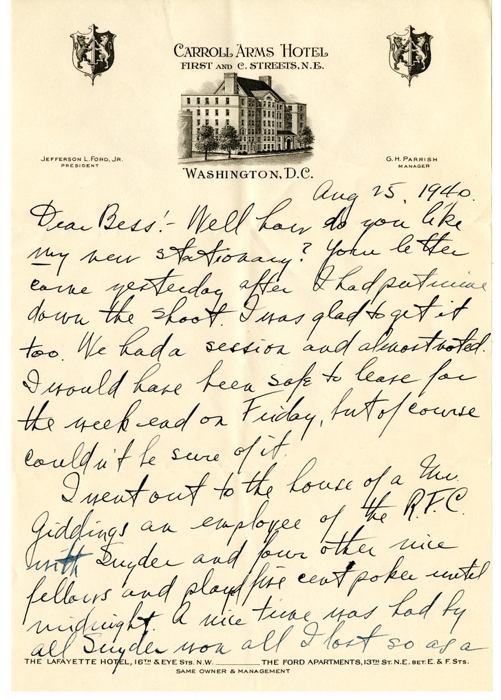 Letter from Harry S. Truman to Bess W. Truman