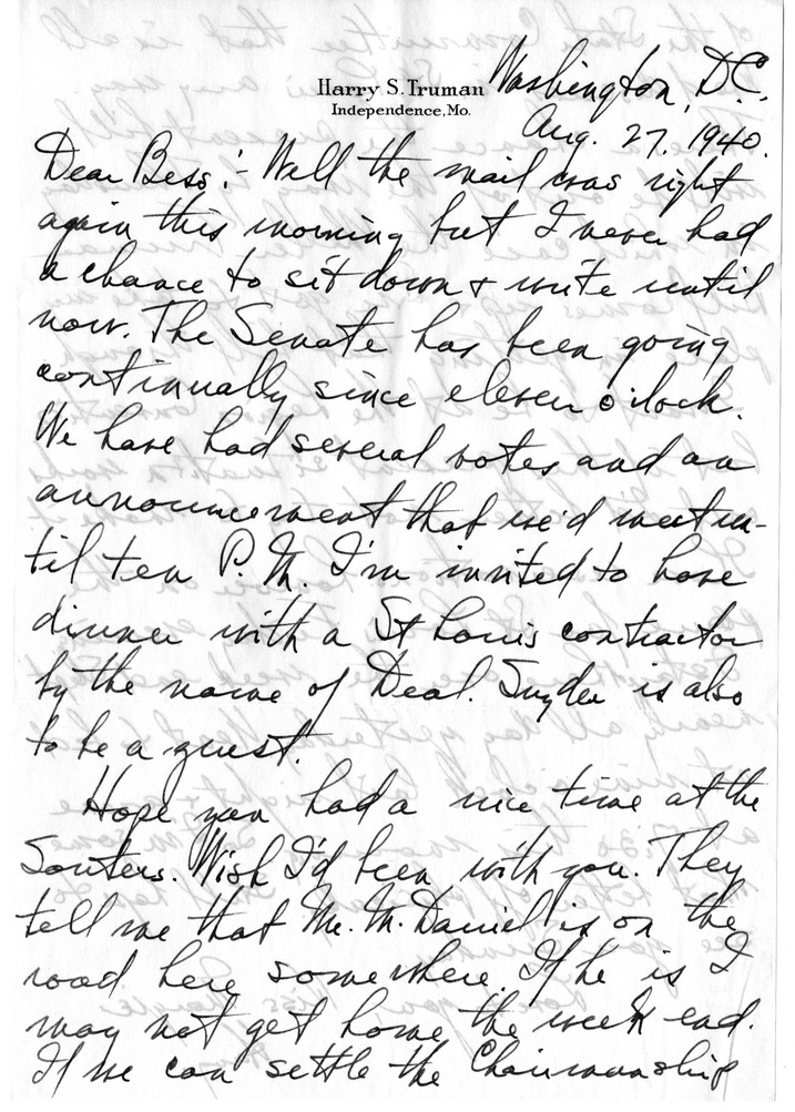 Letter from Harry S. Truman to Bess W. Truman