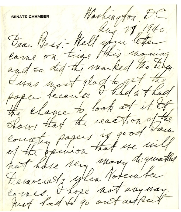 Letter from Harry S. Truman to Bess W. Truman