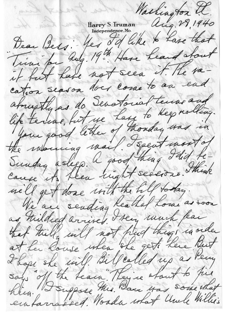 Letter from Harry S. Truman to Bess W. Truman