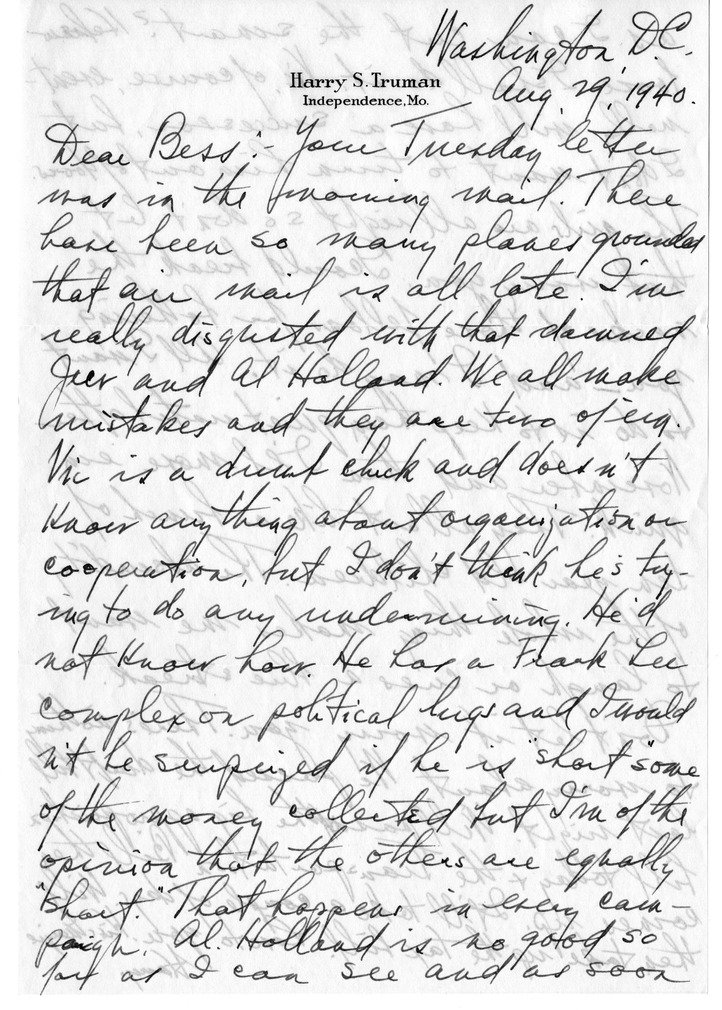 Letter from Harry S. Truman to Bess W. Truman