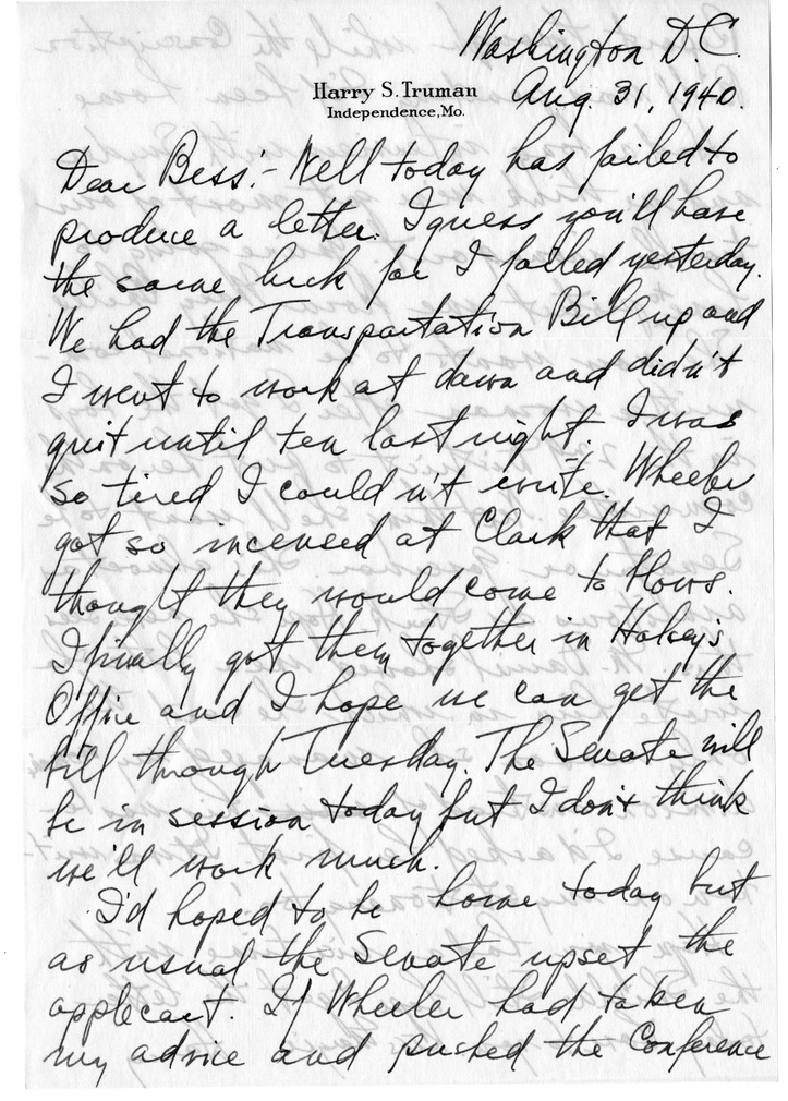 Letter from Harry S. Truman to Bess W. Truman