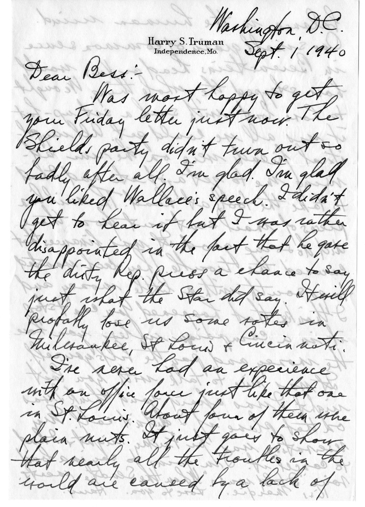 Letter from Harry S. Truman to Bess W. Truman