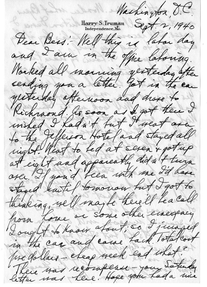 Letter from Harry S. Truman to Bess W. Truman