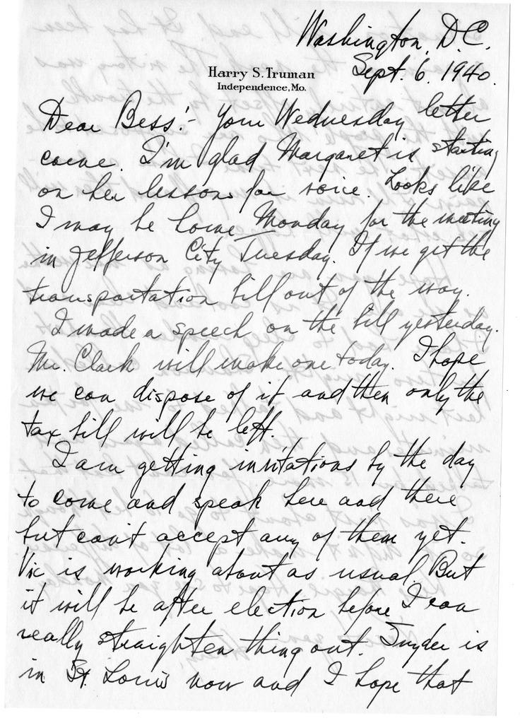 Letter from Harry S. Truman to Bess W. Truman