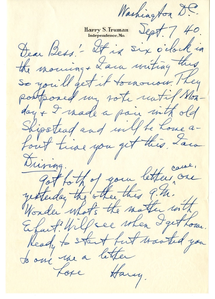 Letter from Harry S. Truman to Bess W. Truman