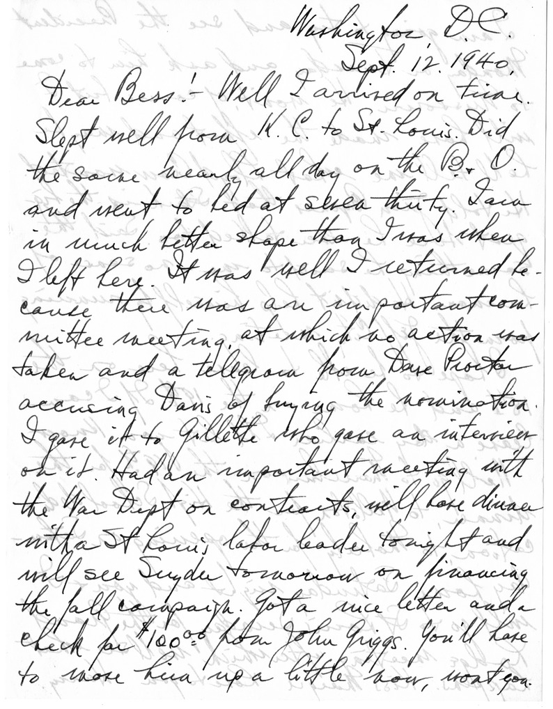 Letter from Harry S. Truman to Bess W. Truman