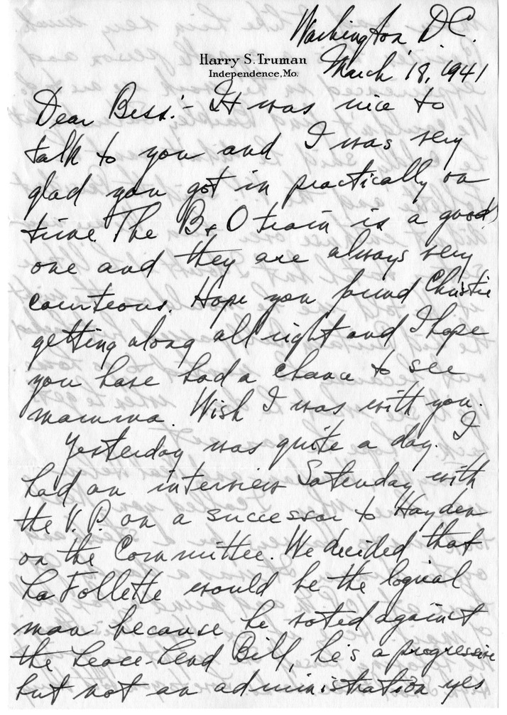 Letter from Harry S. Truman to Bess W. Truman