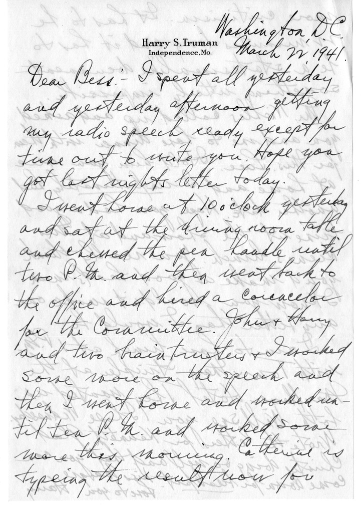 Letter from Harry S. Truman to Bess W. Truman