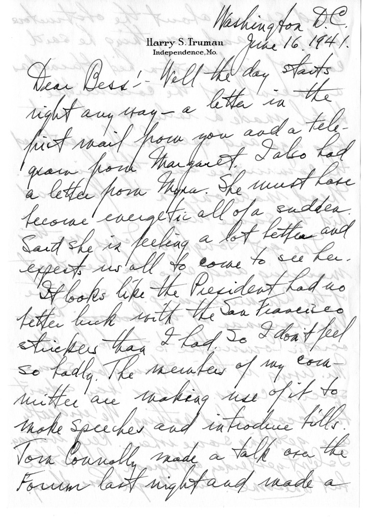 Letter from Harry S. Truman to Bess W. Truman