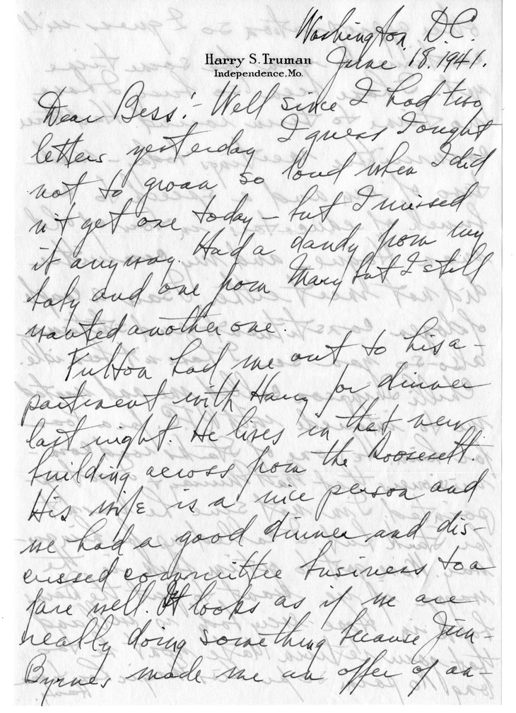 Letter from Harry S. Truman to Bess W. Truman