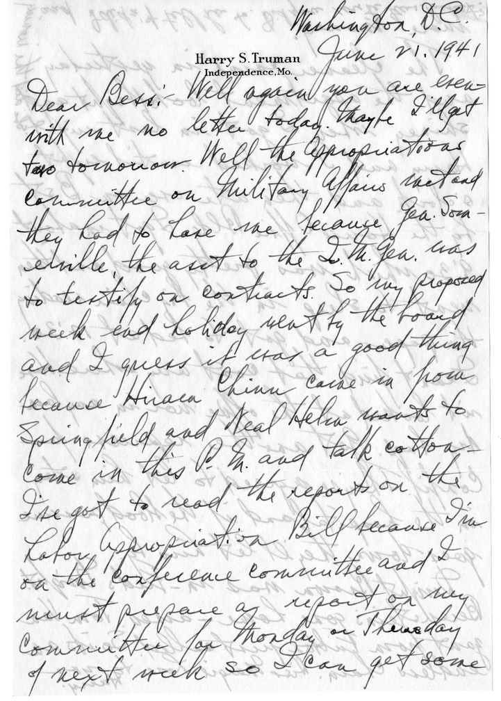 Letter from Harry S. Truman to Bess W. Truman