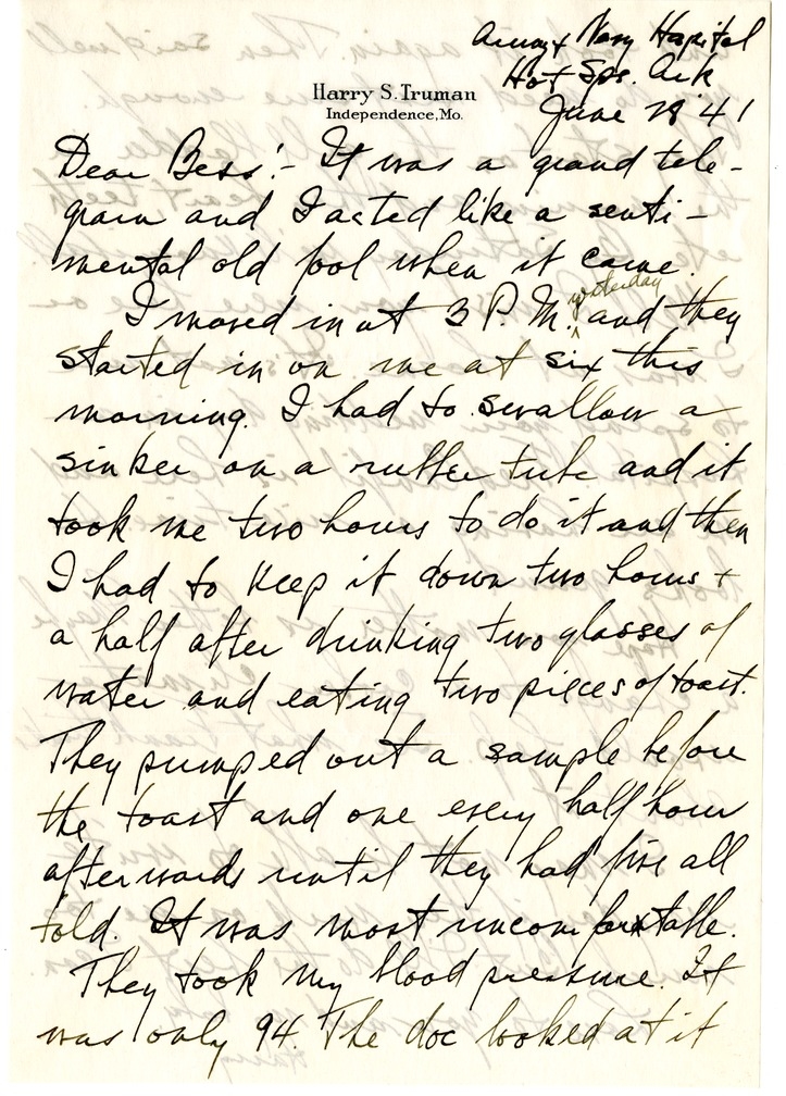 Letter from Harry S. Truman to Bess W. Truman