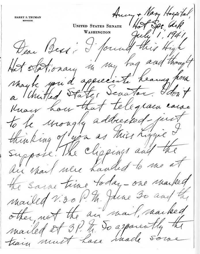 Letter from Harry S. Truman to Bess W. Truman