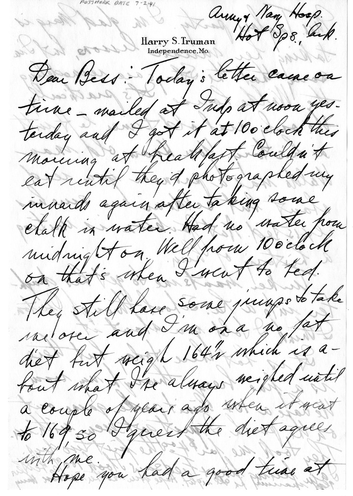 Letter from Harry S. Truman to Bess W. Truman