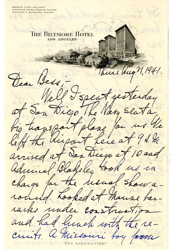 Letter from Harry S. Truman to Bess W. Truman