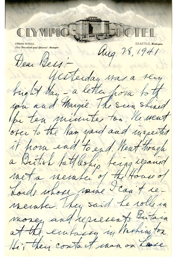 Letter from Harry S. Truman to Bess W. Truman