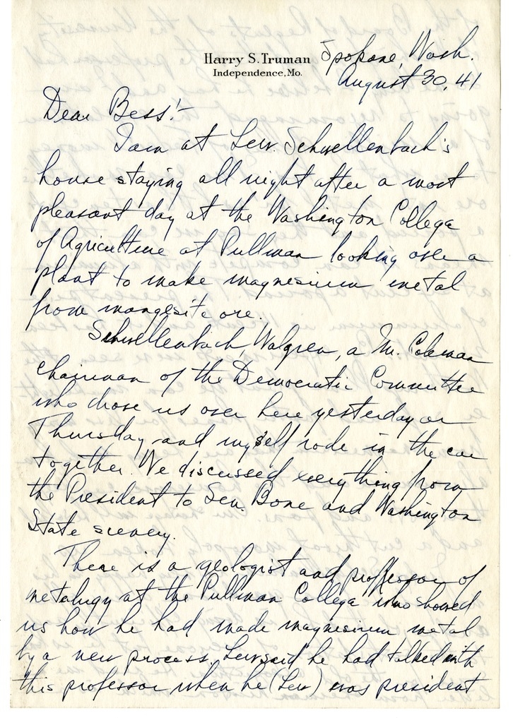 Letter from Harry S. Truman to Bess W. Truman