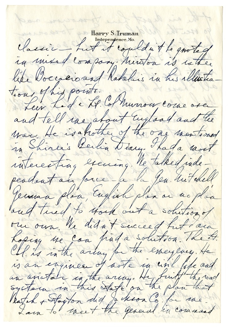 Letter from Harry S. Truman to Bess W. Truman