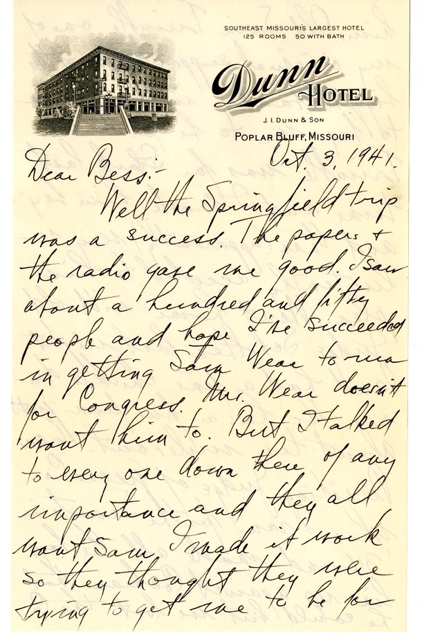 Letter from Harry S. Truman to Bess W. Truman