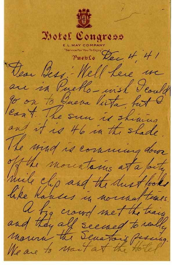 Letter from Harry S. Truman to Bess W. Truman