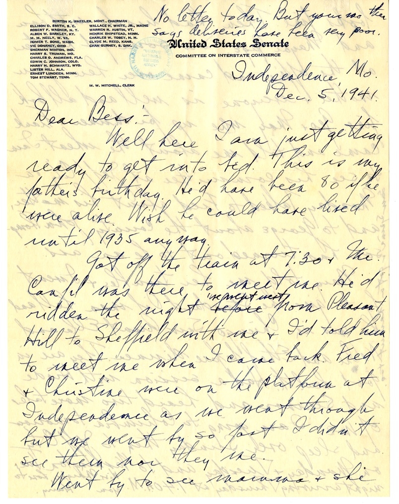 Letter from Harry S. Truman to Bess W. Truman