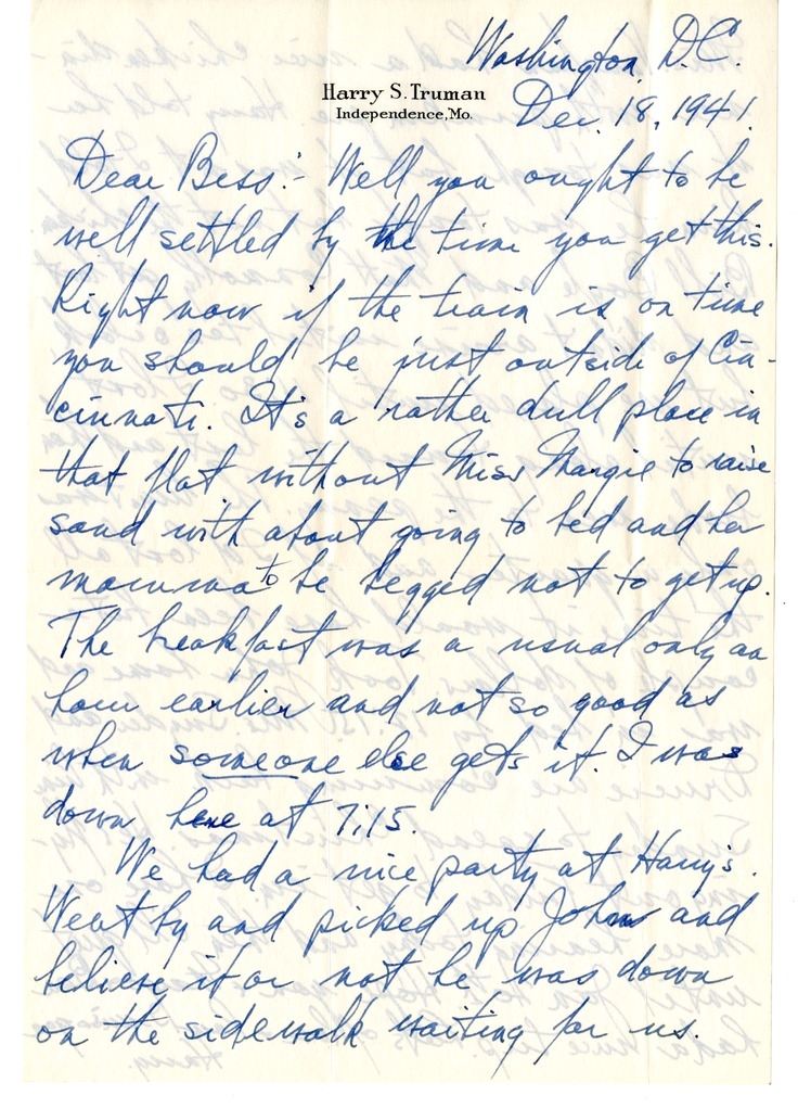 Letter from Harry S. Truman to Bess W. Truman
