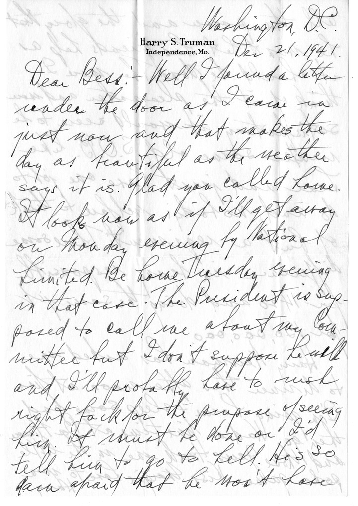 Letter from Harry S. Truman to Bess W. Truman