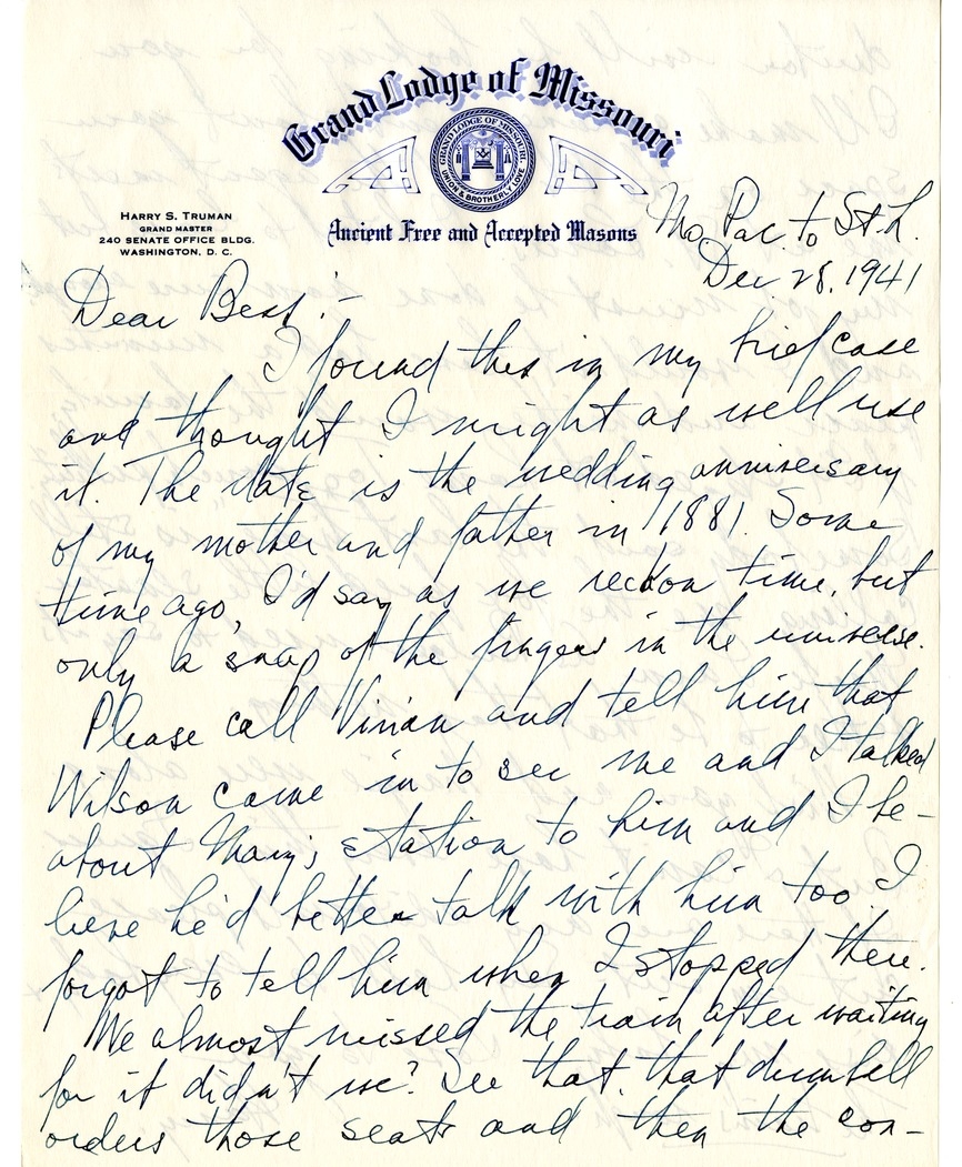Letter from Harry S. Truman to Bess W. Truman