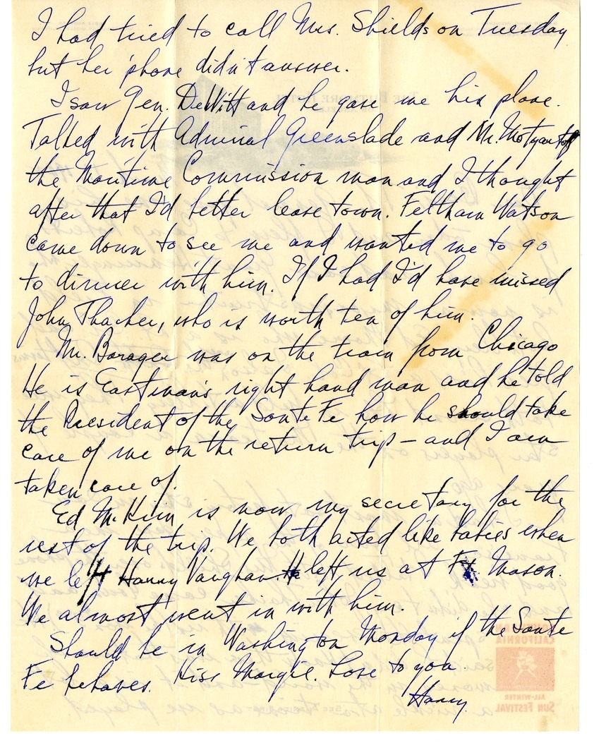 Letter from Harry S. Truman to Bess W. Truman