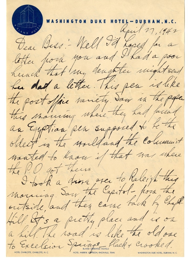 Letter from Harry S. Truman to Bess W. Truman