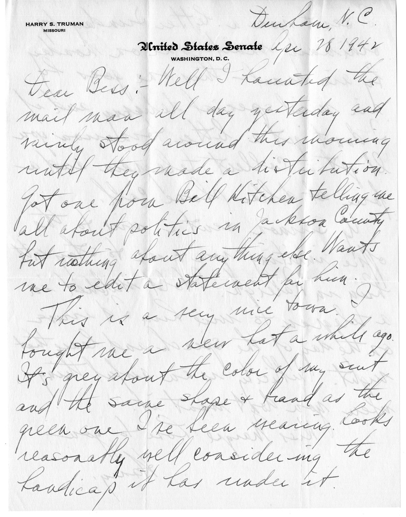 Letter from Harry S. Truman to Bess W. Truman