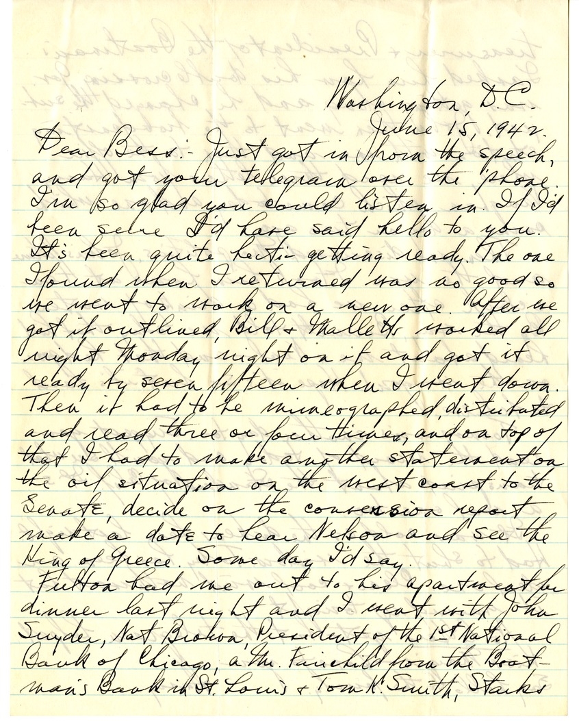 Letter from Harry S. Truman to Bess W. Truman