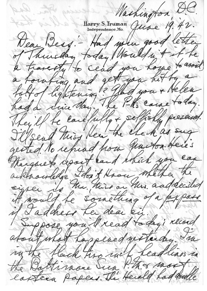 Letter from Harry S. Truman to Bess W. Truman