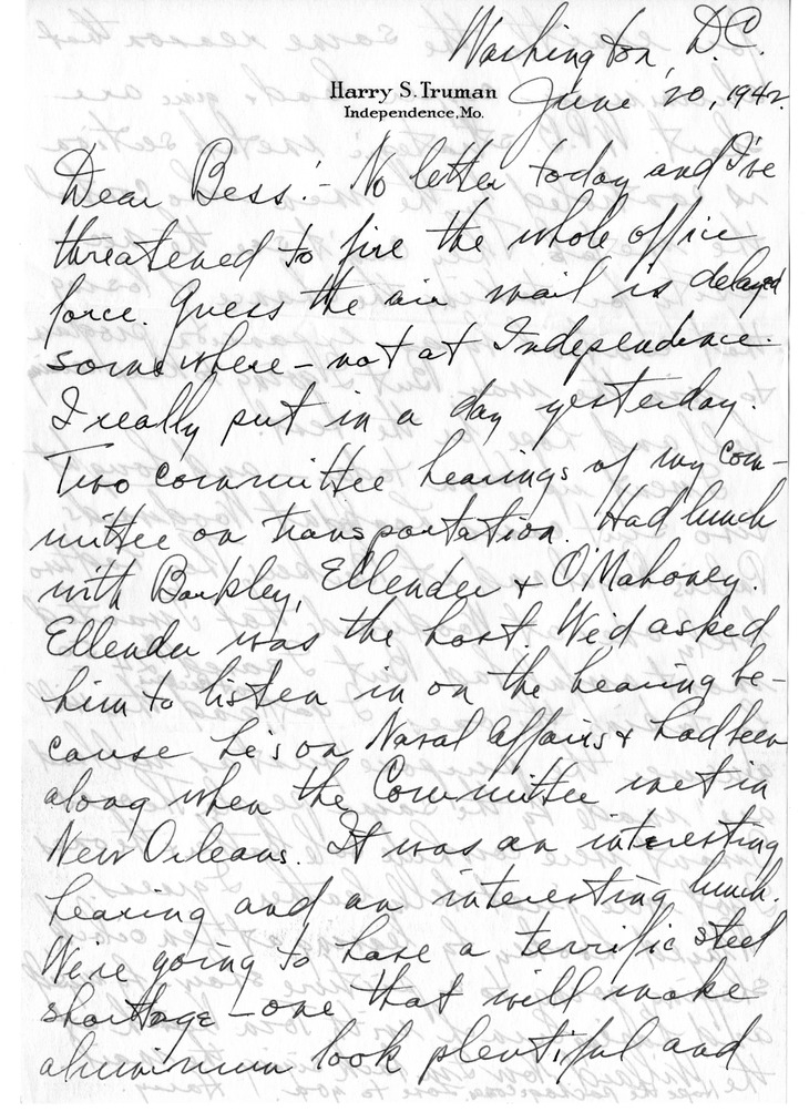 Letter from Harry S. Truman to Bess W. Truman