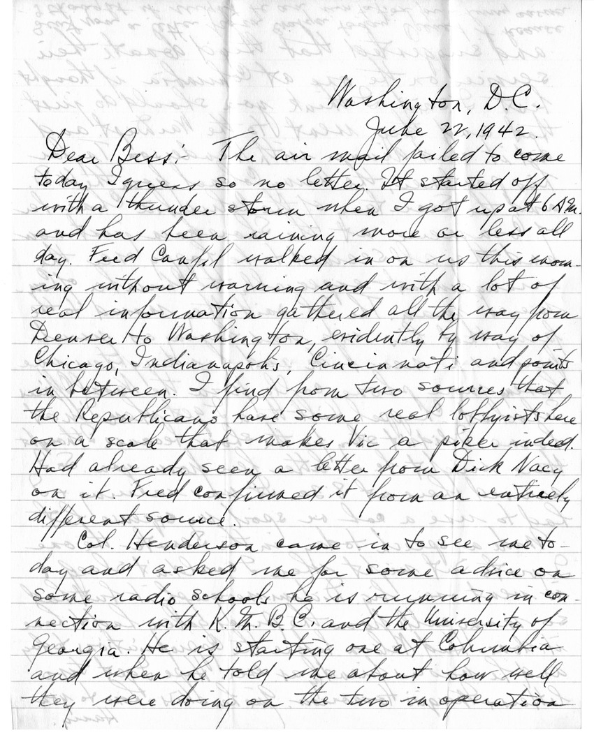 Letter from Harry S. Truman to Bess W. Truman